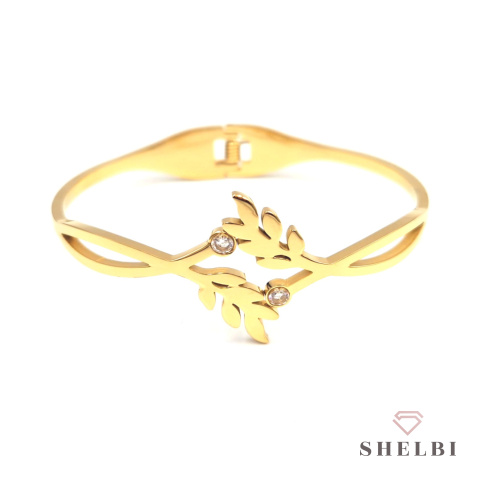 Bransoletka złota sztywna liść z cyrkoniami stal chirurgiczna bangle Bransoletka złota sztywna liść z cyrkoniami stal chirurgiczna bangle